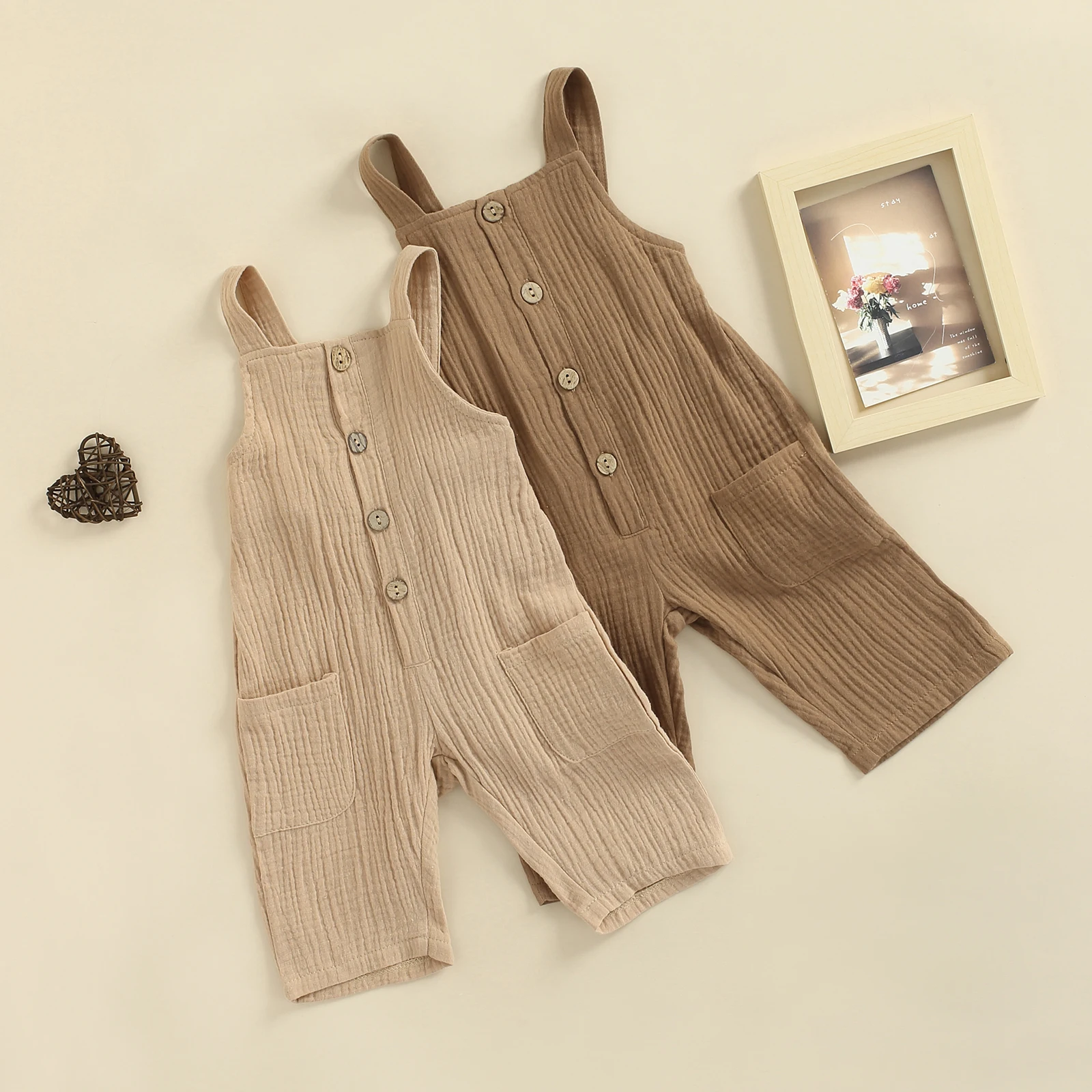 Cute Infant Baby Girls Romper Children Baby Girls Boys Solid Color Jumpsuit, Square Collar Sleeveless Button-down Suspender Trousers, Brown/ Khaki Baby Bodysuits for boy