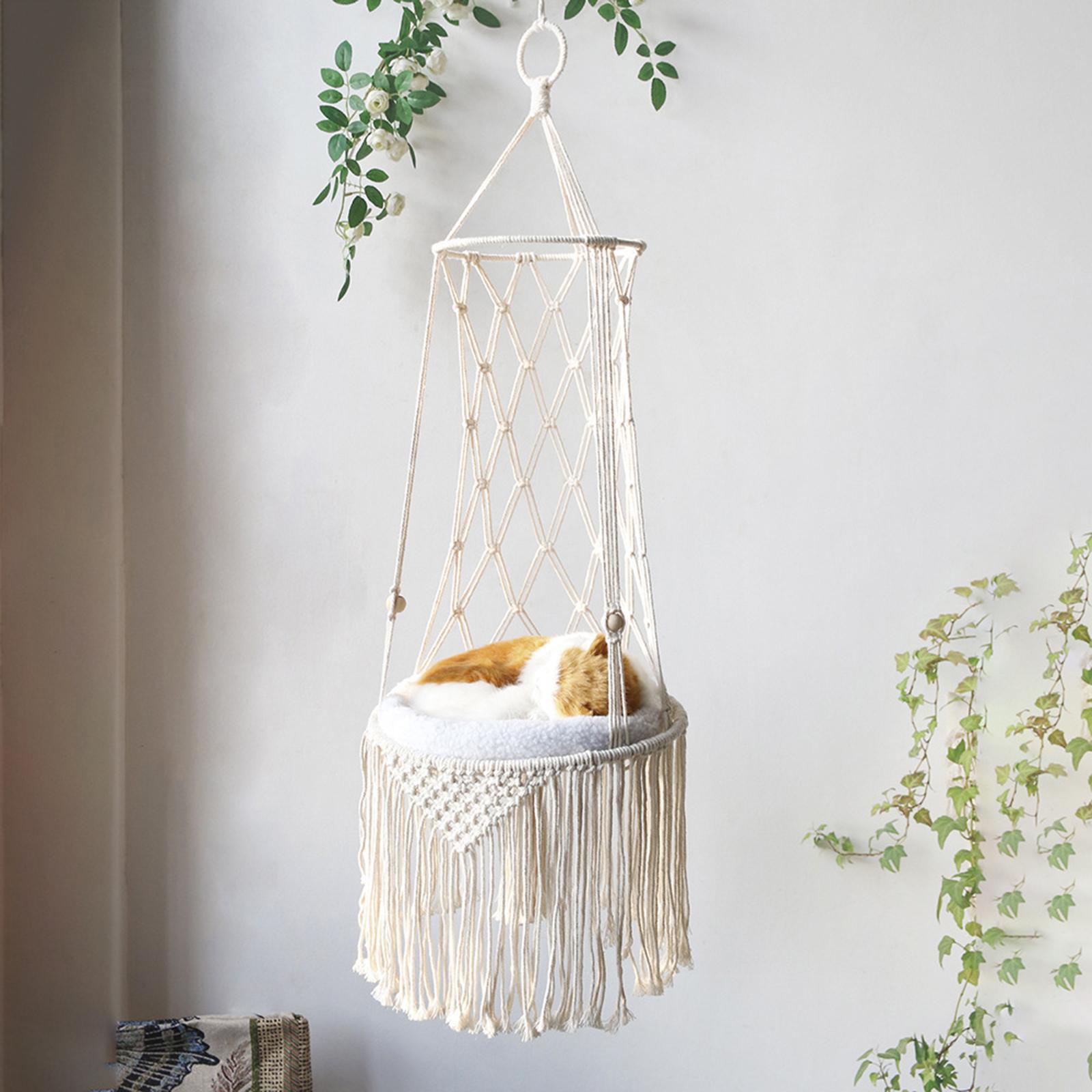 Macrame Cat Hammock, Decoration Hand Woven  Rope Tassel Boho Tapestry Hanging Pet Swing Bed Nest for Indoor Outdoor Wall