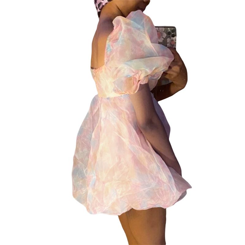 Fairy Mesh Dress y2k Women Aesthetic Gradient Color Puff Sleeve Princess Dress Square Neck Short Prom Party Dresses