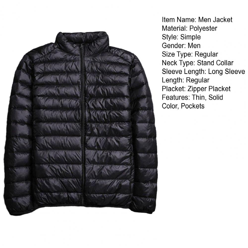 Description Picture 6 of itemMen Winter Jacket Men's Lightweight Padded Jacket with Stand Collar Zipper Placket Autumn Winter Solid Color Outwear for Long