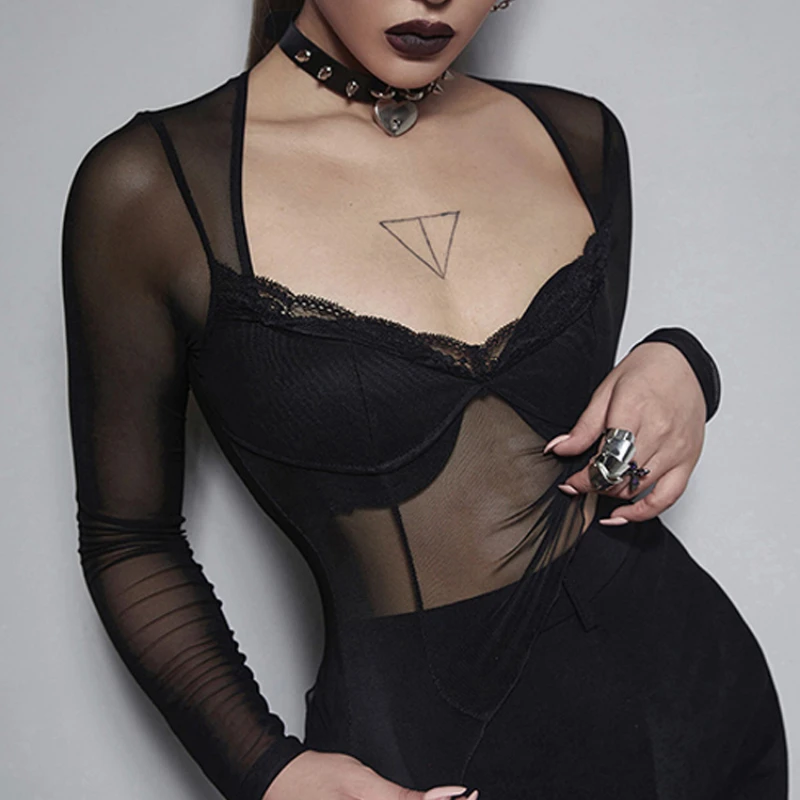 Dark Goth Mesh Transprent Gothic Women Sexy T Shirts Grunge Black Long Sleeve Bodycon Crop Tops Punk Lettuce Hem Summer Tee