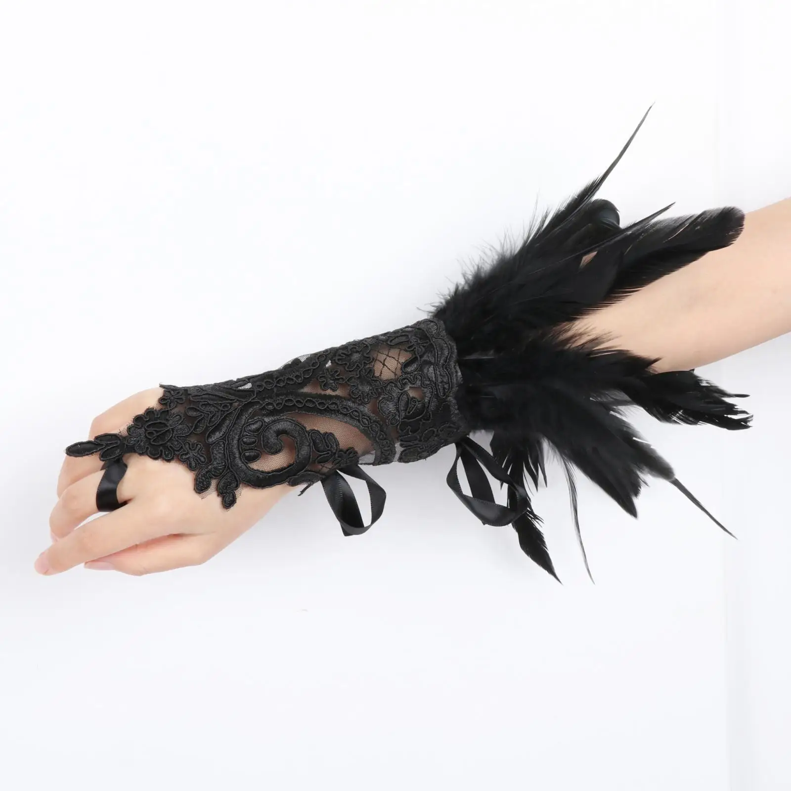 Women`s Black Artificial Feather Long Nail Gloves Lace Gloves for Cosplay Prom Party Costume Stage Performance Women and Girls