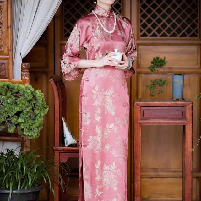 Pink Elegant Long Asian Dresses for Women Floral Print One Piece Qipao New  Chinese Style Autumn Cheongsam Dress Modern 2023 - AliExpress