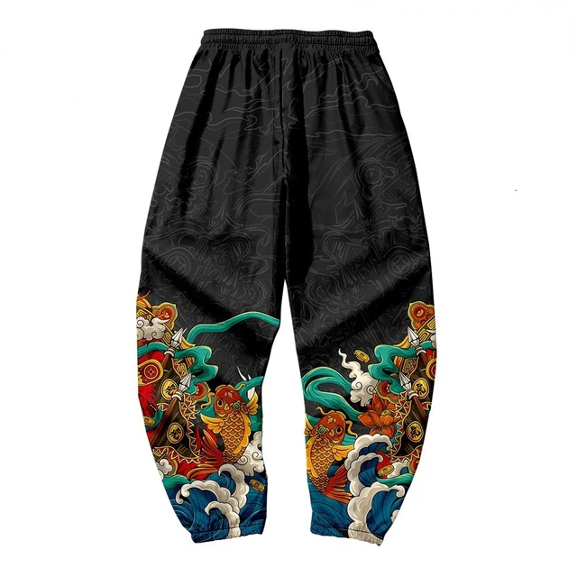 Red Japanese Style Anime Sweatpants Men Multi Pocket Long Cargo Pant  Harajuku Hip Hop Jogger Trousers