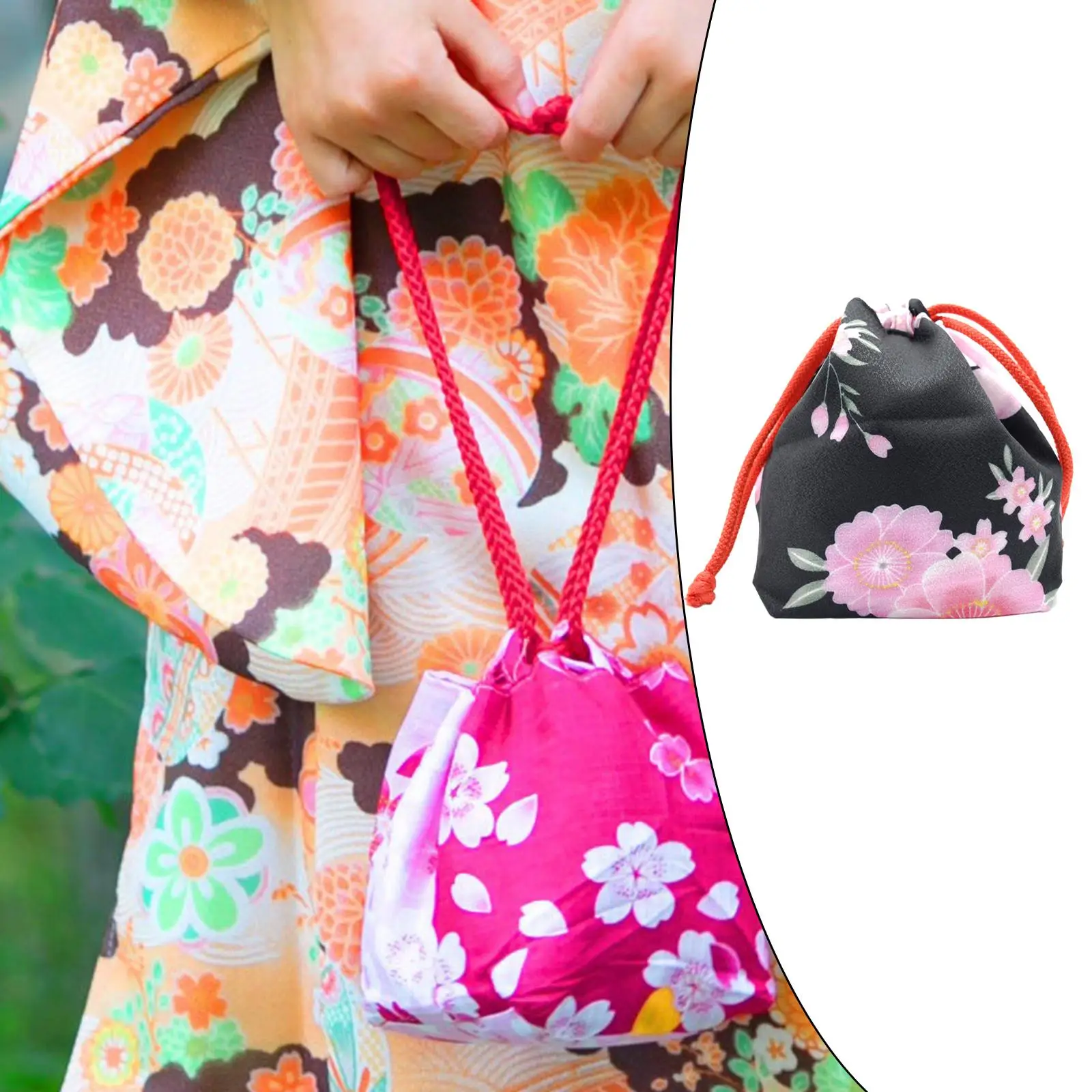 Cherry Blossom Japanese Drawstring Bag Packet Wedding Kimono Keychain Coin Purse Home Lunch Bento Storage Totes 