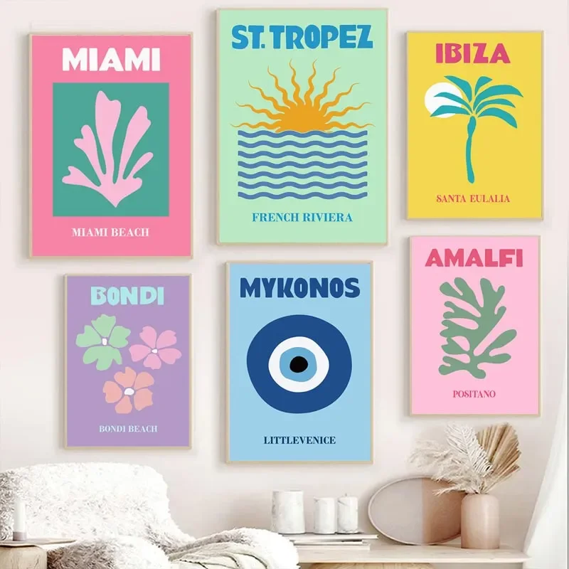 S1eaca5bf659a47a8b9f326b3b03c0f23W Modern Bohemian Aesthetic Wall Art Mykonos Ibiza Miami Bondi Amalfi SAN Tropez Color HD Oil On Canvas Poster Home Decor Gift