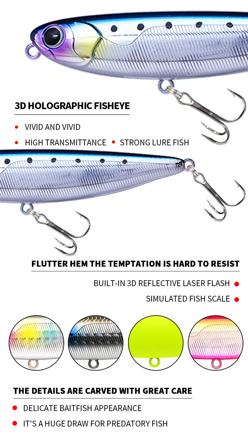 Description Picture 5 of itemPencil Fishing Lure for Bass, Artificial Hard Bait, Floating Popper, Dog Walking Wobblers, Top Water, New Tackle, 8.5cm, 12g