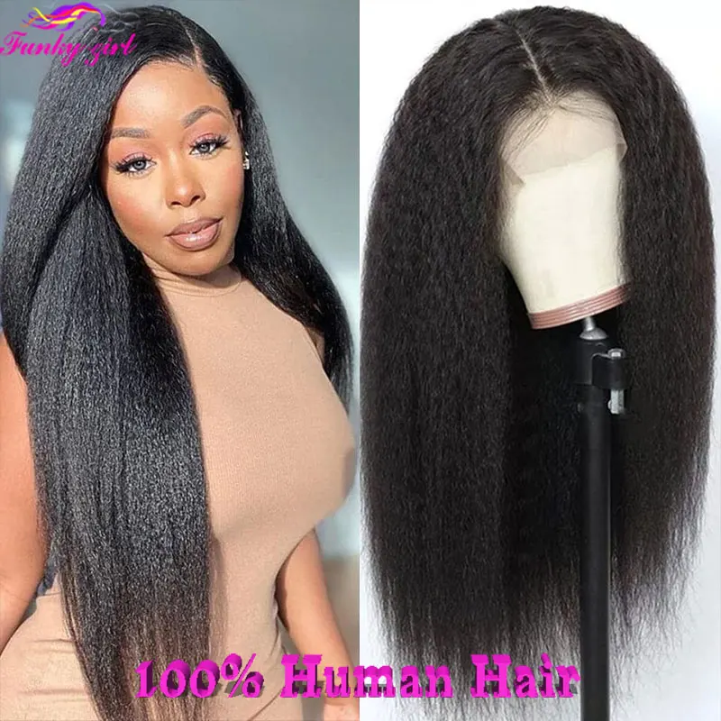 Price Review Transparent Lace Human Hair Wig Kinky Straight Human Hair Lace Part Wigs For Women Brazilian Yaki Straight 180% Density Remy Wig Online Shop