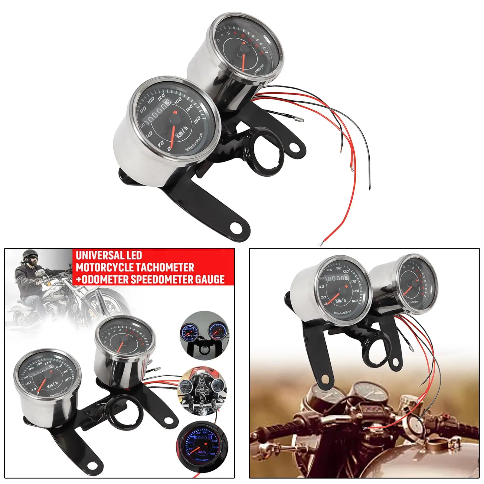 2-In-1 Motorcycle Speedometer Odometer LED Backlight High Accuracy Waterproof 13000RPM 12V Meter Gauge Black Stainless Steel