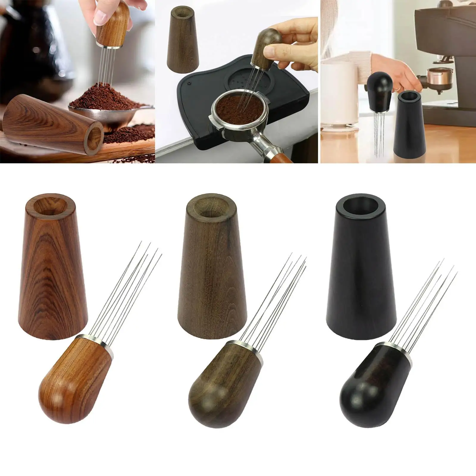 Needle Coffee Tamper Distributor, Wood Handle Coffee Stirrer with Stand Barista Espresso Distribution Tool