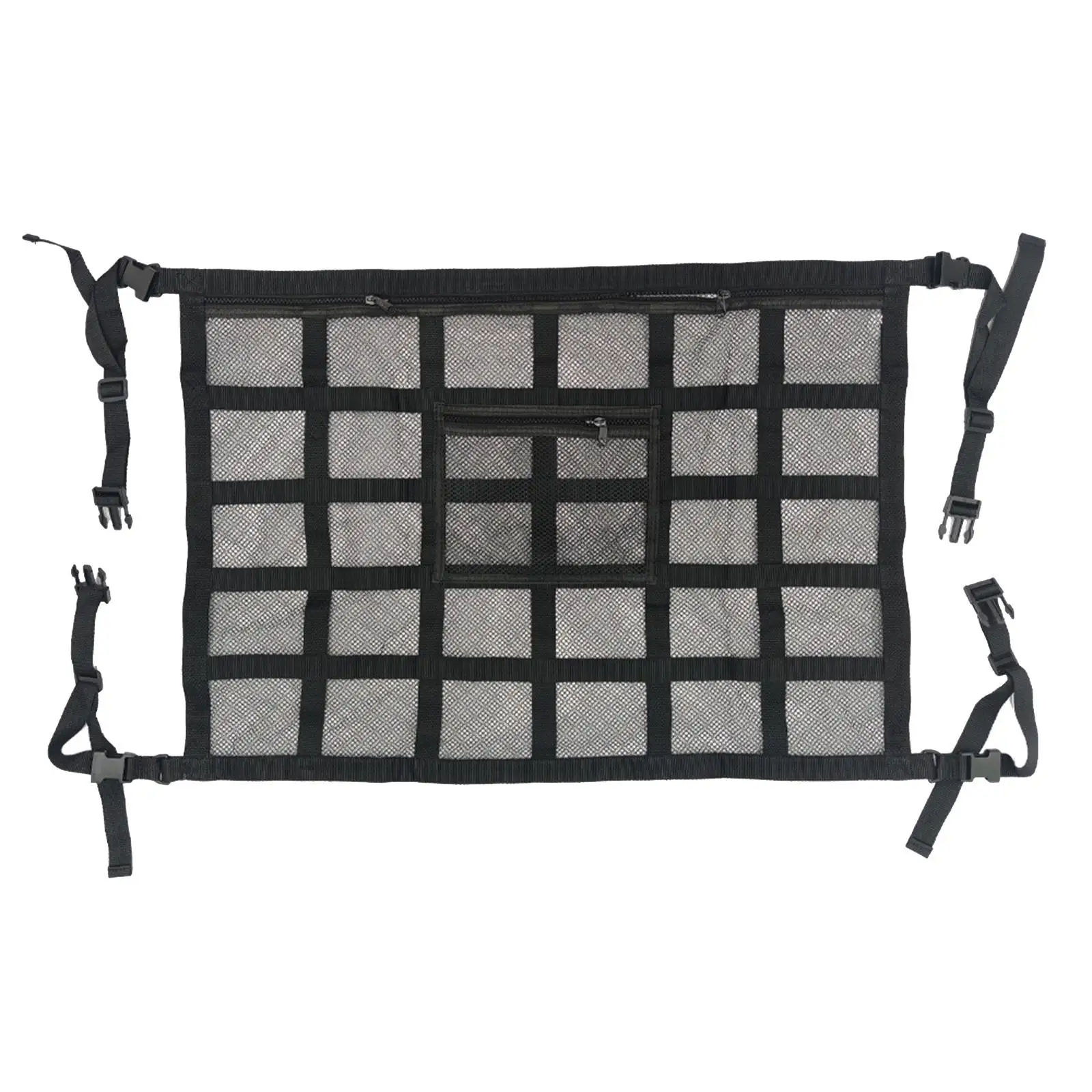 Car Ceiling Cargo Net Pocket with Double Zipper Breathable Mesh Bag Buckle Straps Anti Sagging SUV Truck Roof Storage Organizer