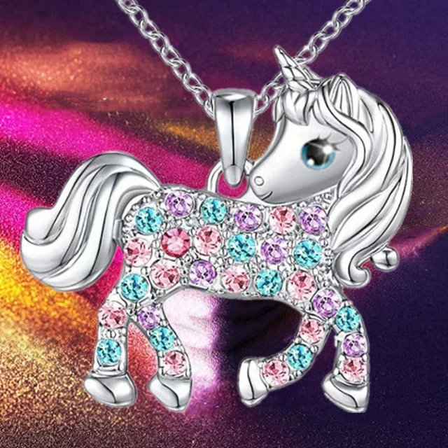 Unicorn Necklace for Women Wing Pony Animal Blue Purple Crystal Heart Color  Drip Oil Pendant Jewelry