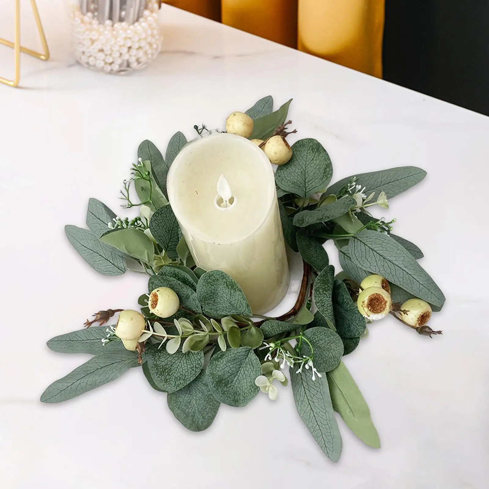 Artificial Eucalyptus Leaves Candles Wreaths Table Centerpiece Greenery Candle Wreath for Wedding Party Cafe Living Room Decor