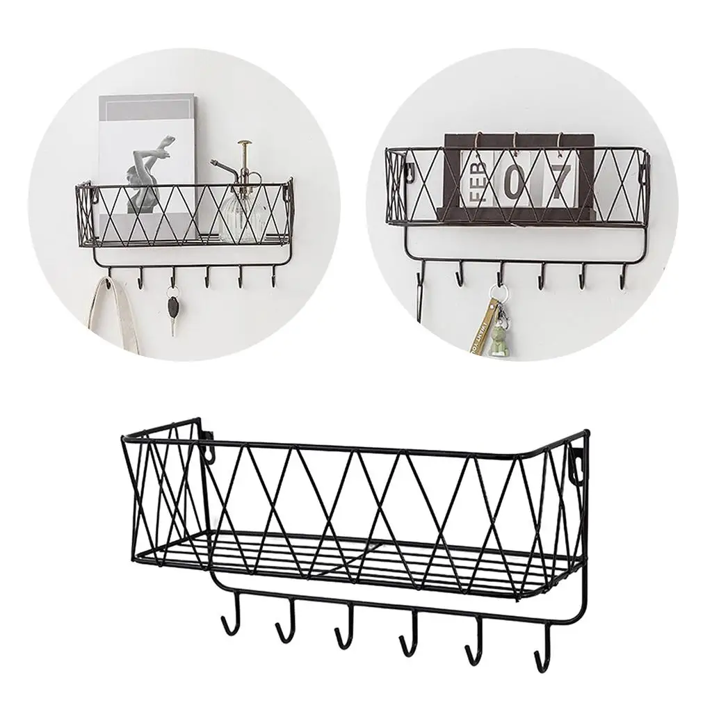 Wall mount and storage Basket Entryway Mail Organizer with 6 Key Hooks for Bathroom Bedroom Kitchen Cabinet Office