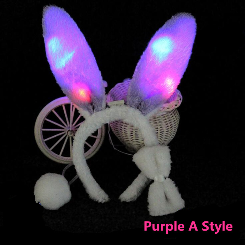 1 stücke Frauen Mädchen Rosa Leuchten Kaninchen Hase Ohr Stirnband Schwanz Fliege Glow Party Cosplay Geburtstag Ostern Hochzeit Festival – Detail 5