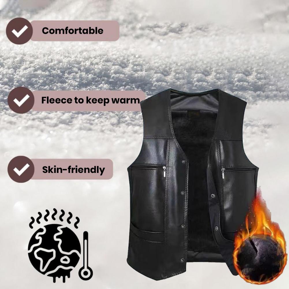 Description Picture 6 of itemMen Soft Waistcoat Men Faux Leather Vest Stylish Mid-aged Men's Faux Leather V Neck Vest with Plush Lining Multiple for Fall