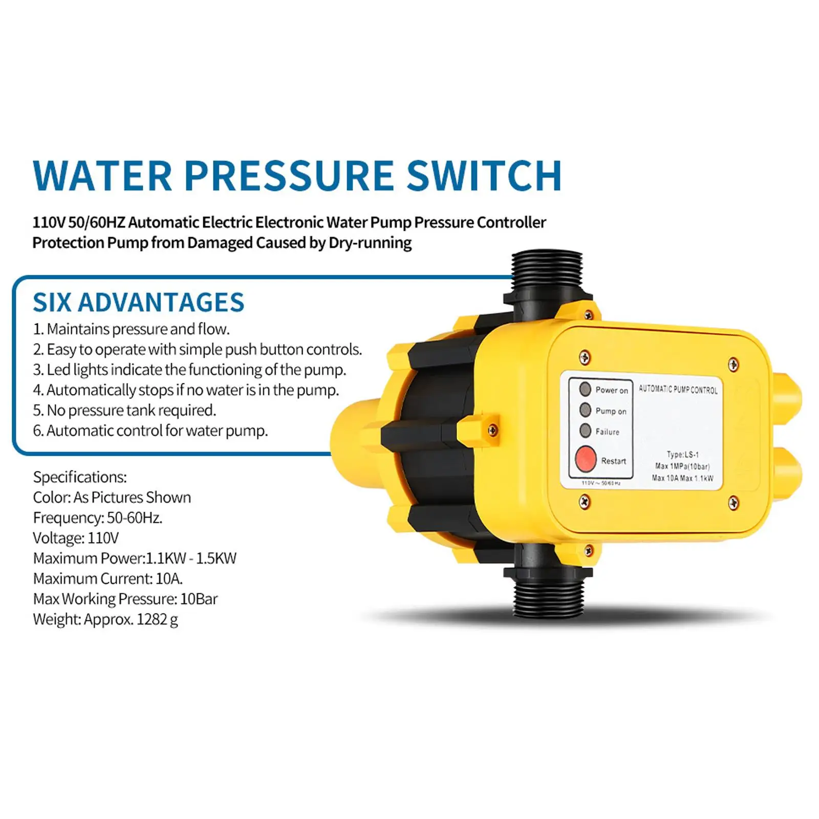 Automatic Water Pump Pressure Controller Protection Gardening Control Water Pressure Switch Waterproof 50/60Hz 1.1kW