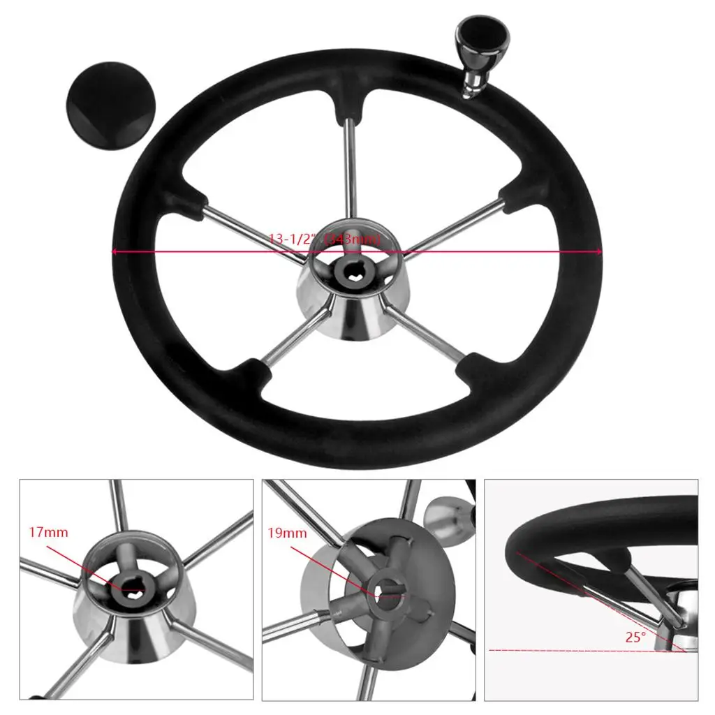 5 Spoke Boat Steering Wheel, 25 Degree Dish, Stainless Steel Steering Wheel with Knob Black Foam