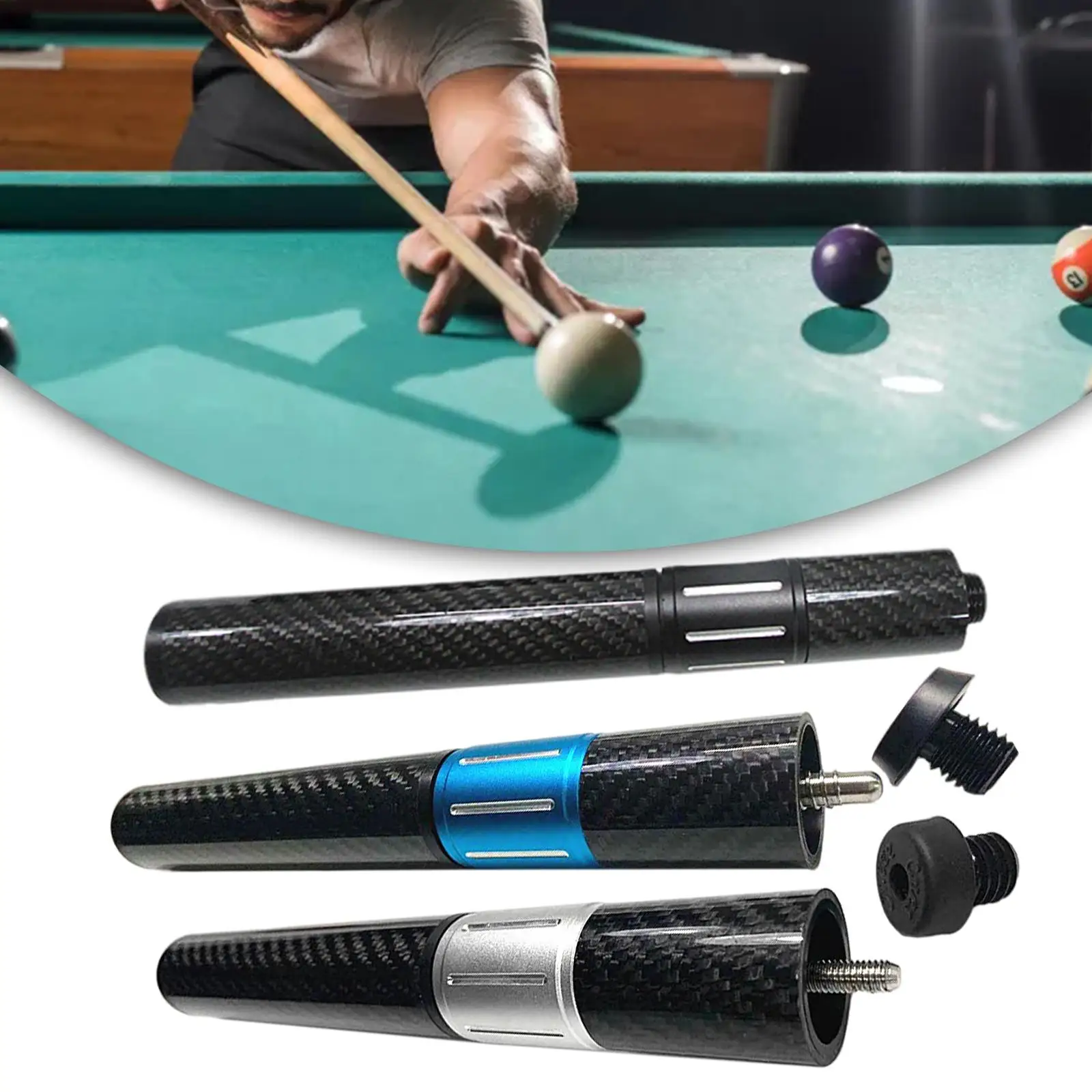 Pool Cue Butt End Extender Telescopic Carbon Fiber Accessories, Lengthen Tools Light Weight Black Nine Ball Club for Billiard