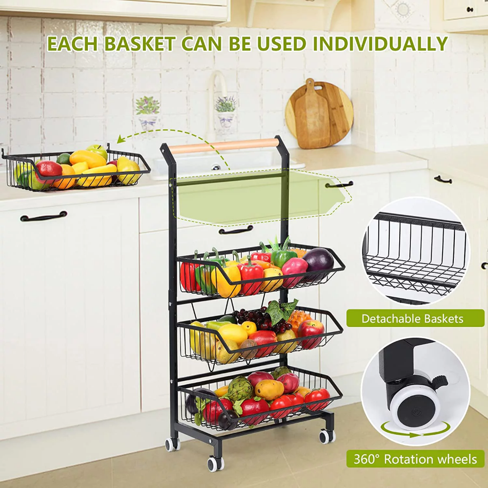 4 Tier Fruit Vegetable Storage Basket Rolling Cart With Handle And Wheels, Black