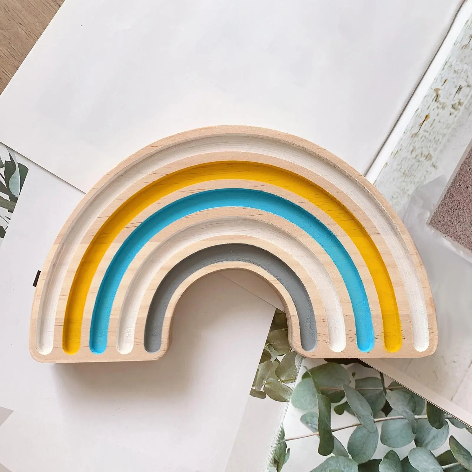 Handmade Wooden Rainbow Board Ornament Block Stacking Toy Creative Craft Decorative for Cafe Bedroom Decoration Playroom Desk