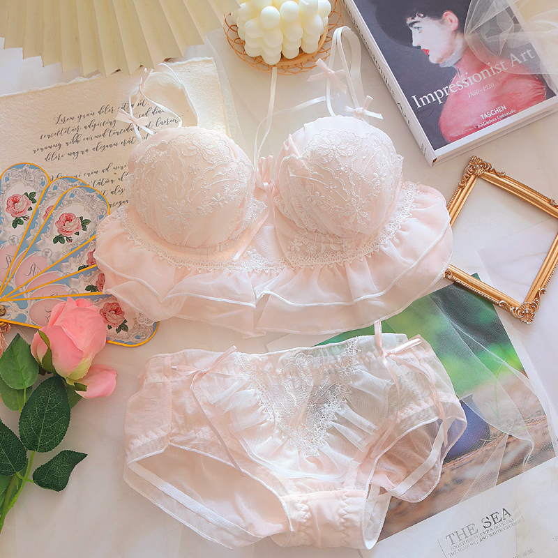 Rosa Unterwäsche BH und Höschen Set sexy Dessous süße kleine Brust Lolita Push-up Spitze Dreieck Tasse dünne Tasse Mädchen Höschen Bra lette – Detail 5