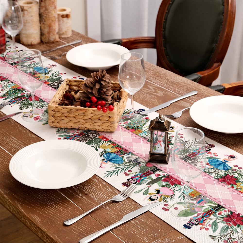 Description Picture 3 of itemChristmas Nutcracker Flower Tree Linen Table Runners Dresser Scarf Table Decor Xmas Dining Table Runners Christmas Decorations