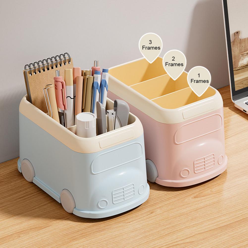 Desktop Pen Holder 3 Compartments Cute Bus Shape Multifunctional Stationery Pencil Organizer Container Storage Box