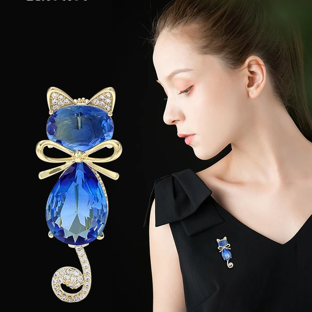 女性のための猫の形をした青いクリスタルのブローチ,刺繍された ...
