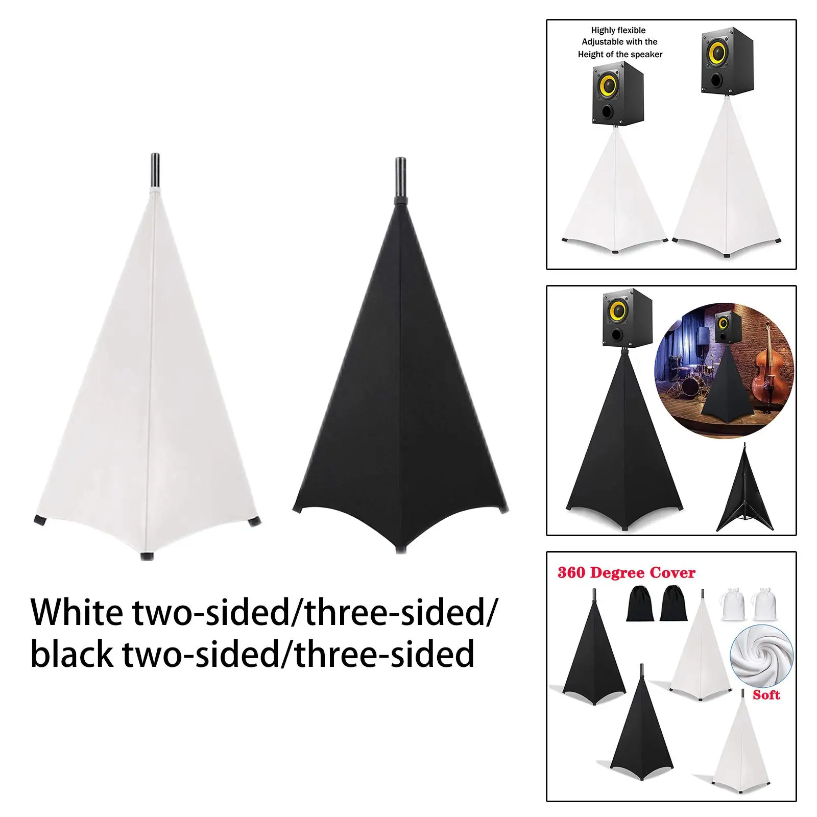 UCARE 2pcs Floor Speaker Stand Covers Metal Heavy Duty Support Stand Cover for Weddings Banquets Events 3 Sided Triangular DJ Speaker Stand Tripod Cover Scrim Two Pack-Black 