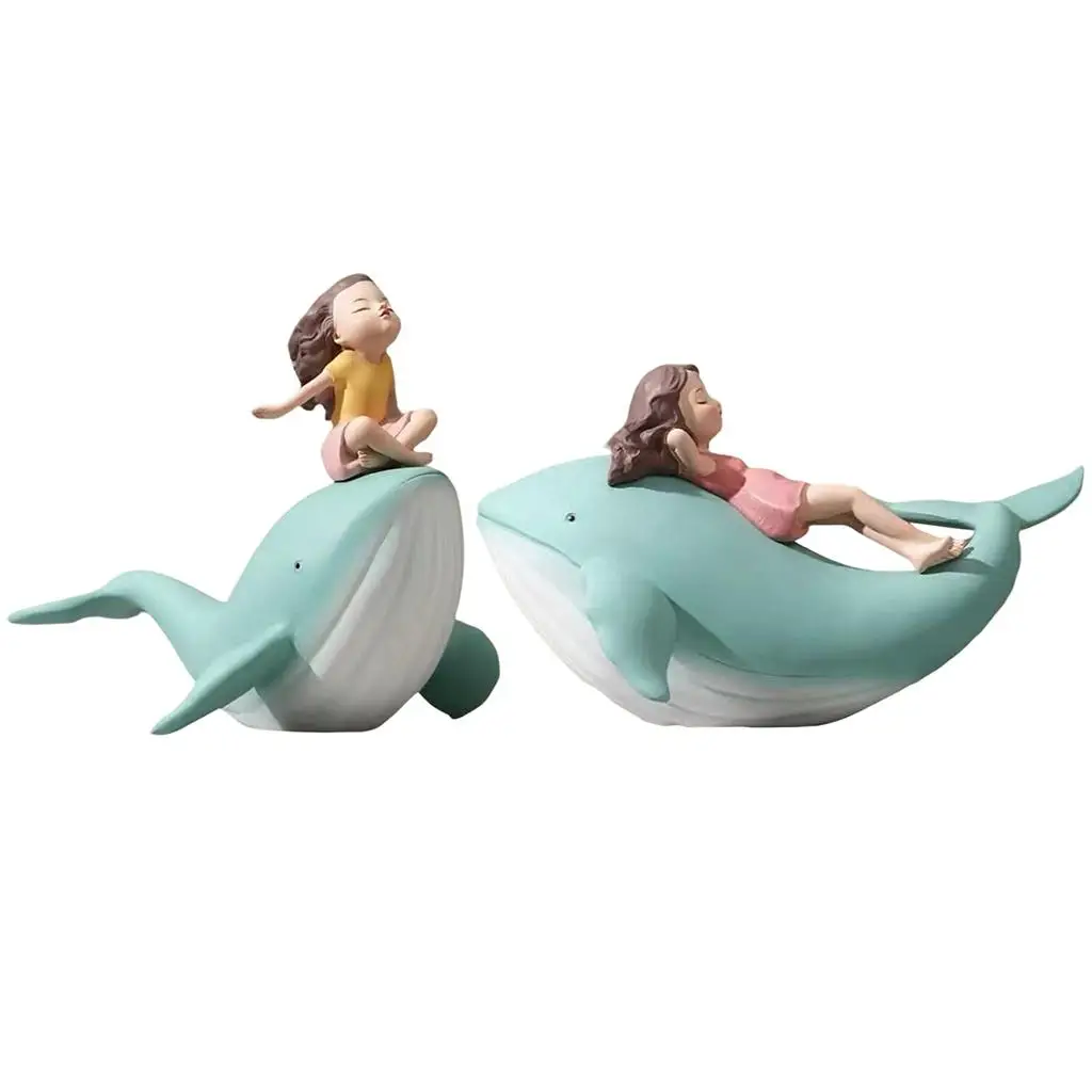 Nordic Style Girl and Whale Statue Ornament Resin Craft Lovely Animal Figurines for Home Decor Living Room Bedroom Office Decor