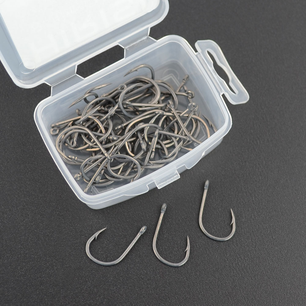 Hirisi 100 Stück Karpfen-Angelhaken mit Widerhaken, beschichtet, mit Ösen-Design in Japan, hergestellt aus Kohlenstoffstahl 8001, mit spleißbarer Box – Detail 5