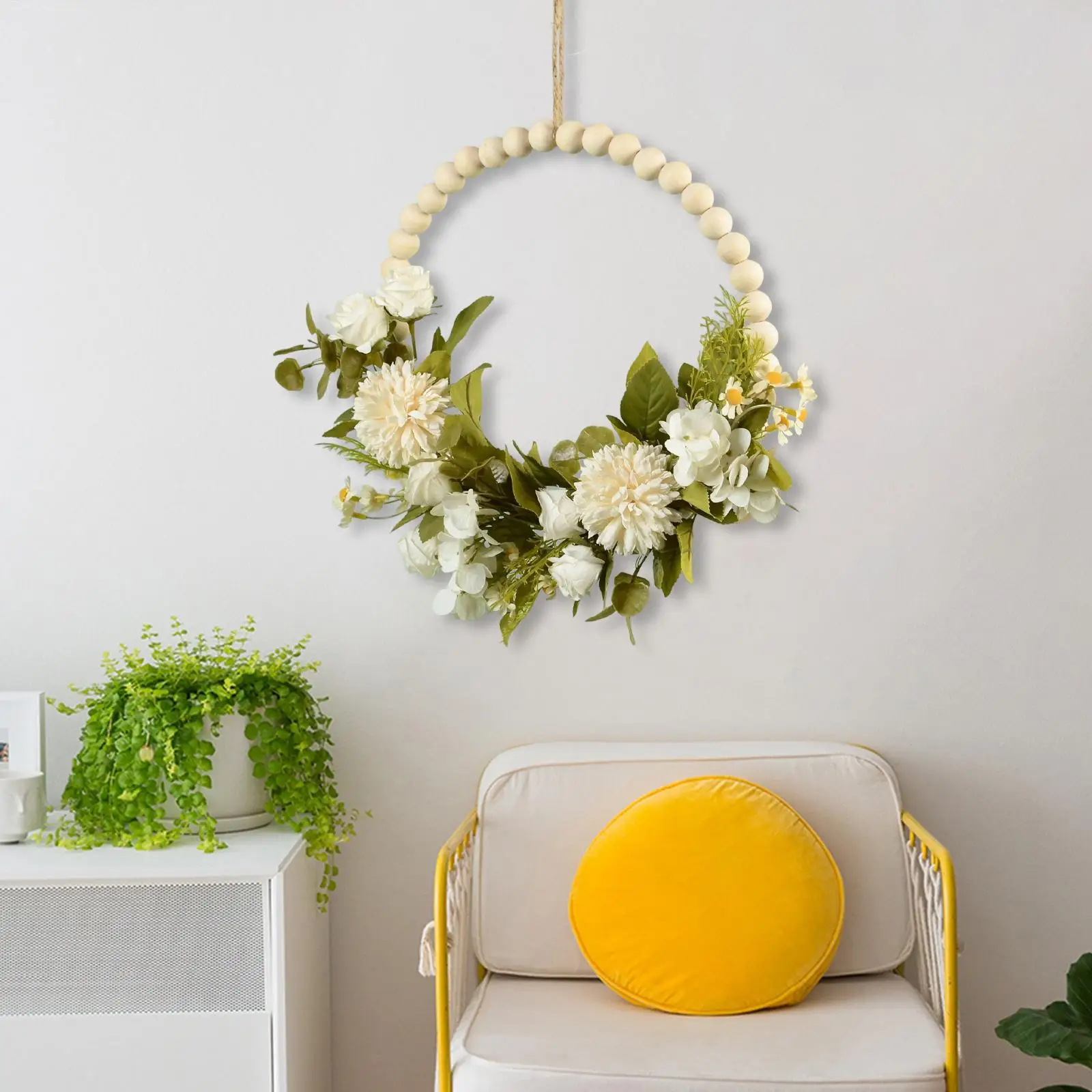 Flower Wreath Garland Door Wooden Beads Circle Hanging Spring Wreath Greenery Leaves for Indoor Outdoor Fireplace Decor