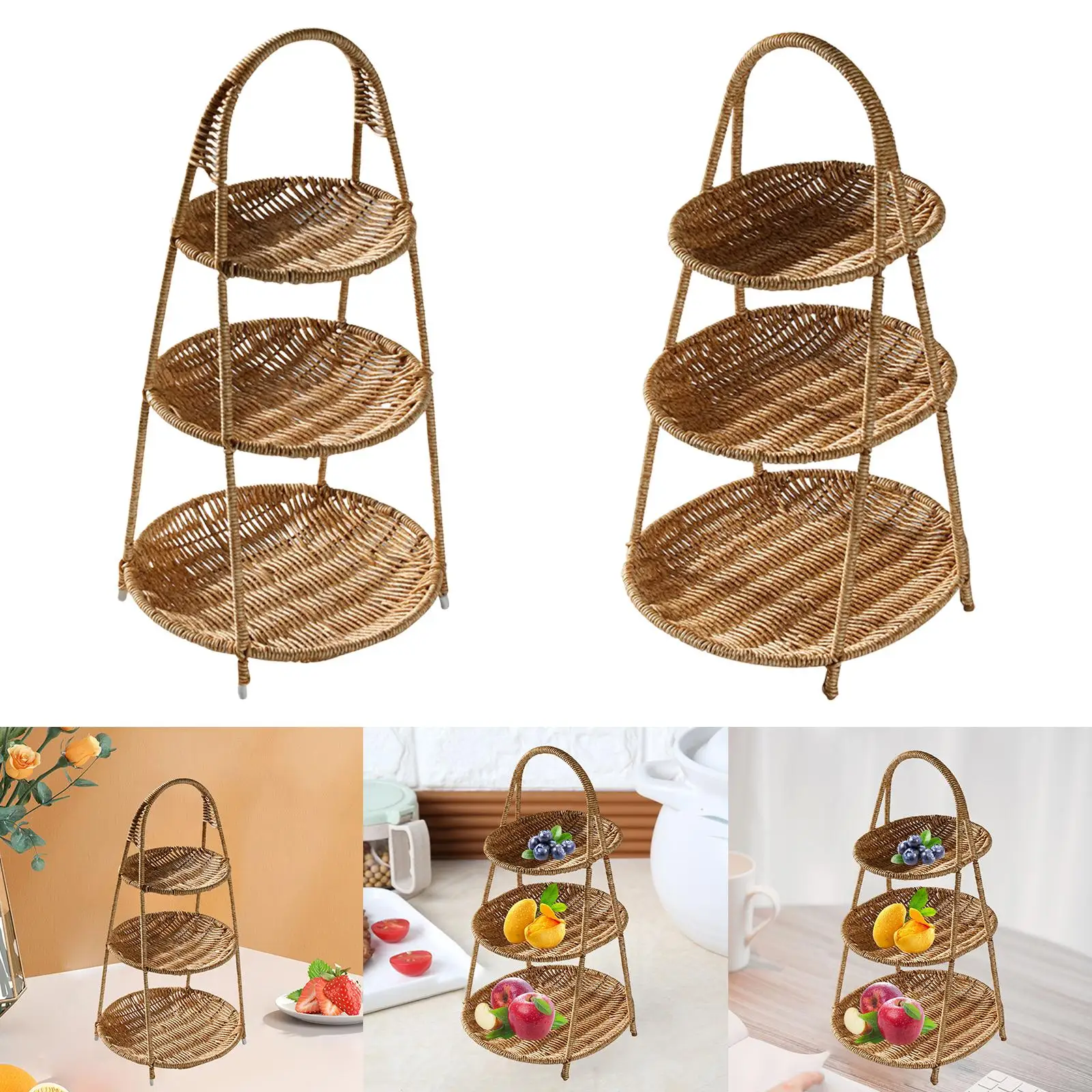 3 Tier Multifunctional Weaving Basket Rack Makeup Organizer Shelf Storage Display Rack for Living Room Birthday Fruits
