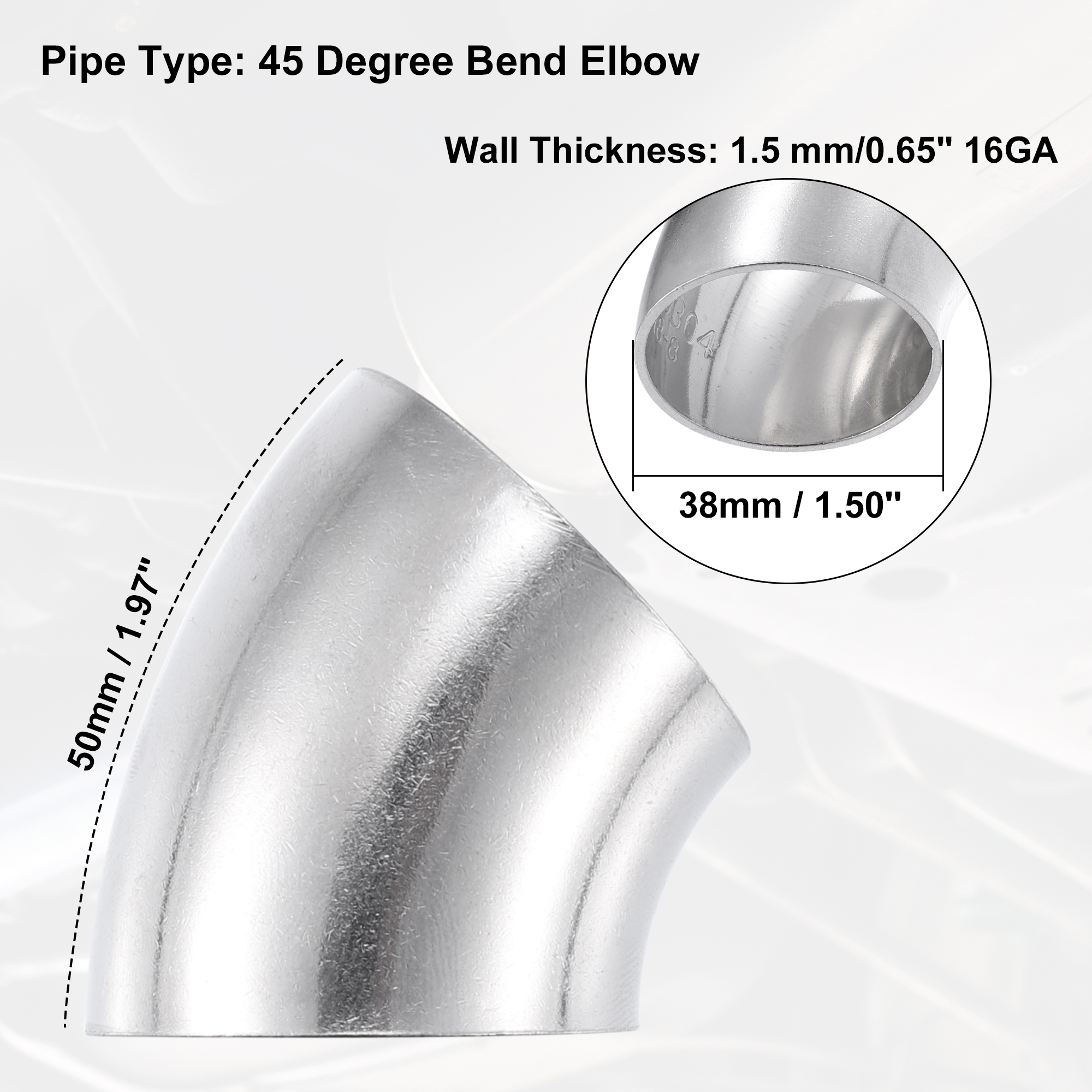 Uxcell od 38mm 51mm 63mm 76mm 89mm 102mm 45 Grad Dorn biege bogen ss304 Edelstahl-Bieger ohr Auspuff krümmer rohr für Auto – Detail 2