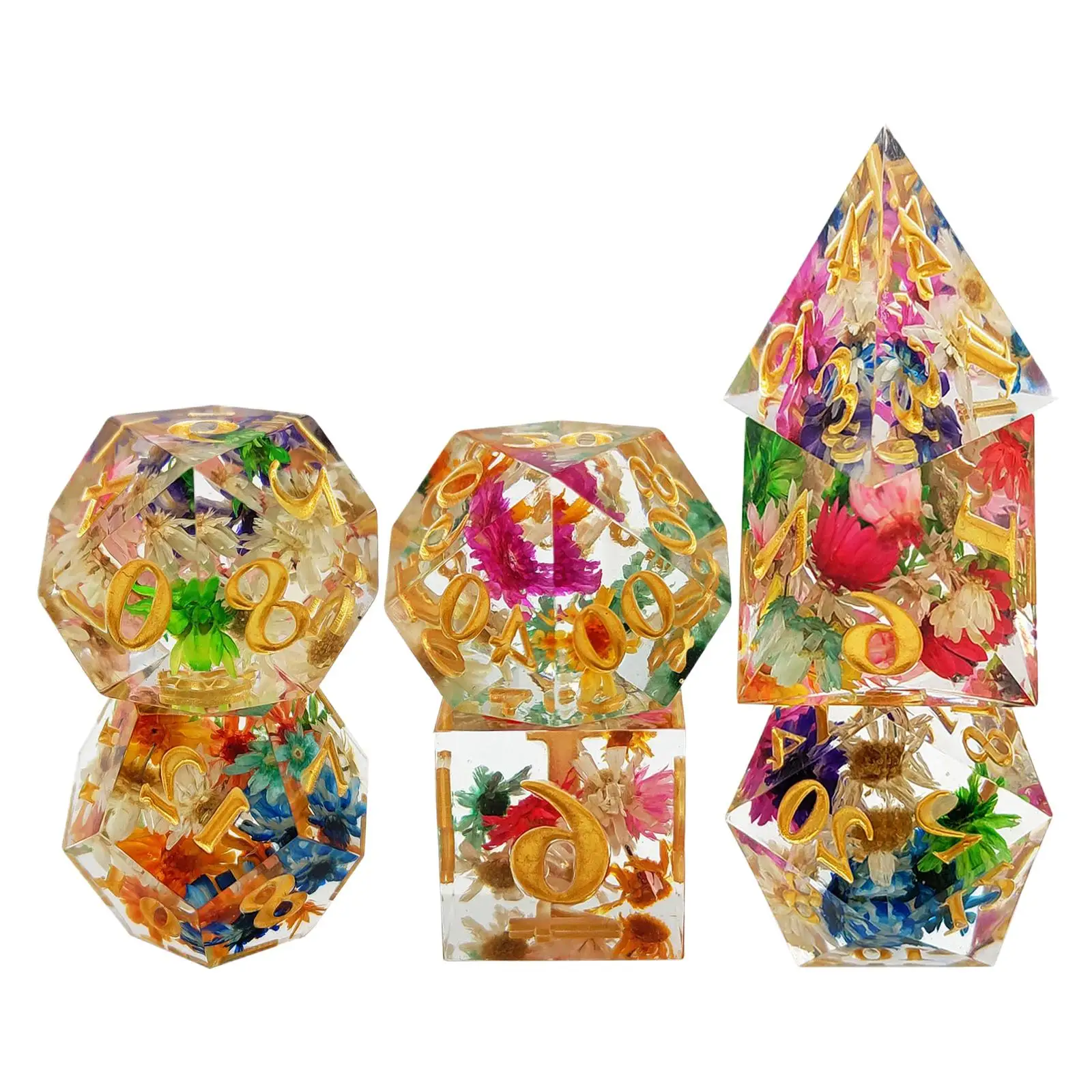 7x Polyhedral Dices Set Transparent Flower Engraved Game Dices for Parties
