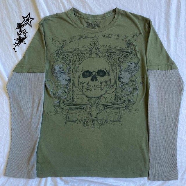 90s Vintage Cross Skull Print Tee Mall Goth Graphic Long
