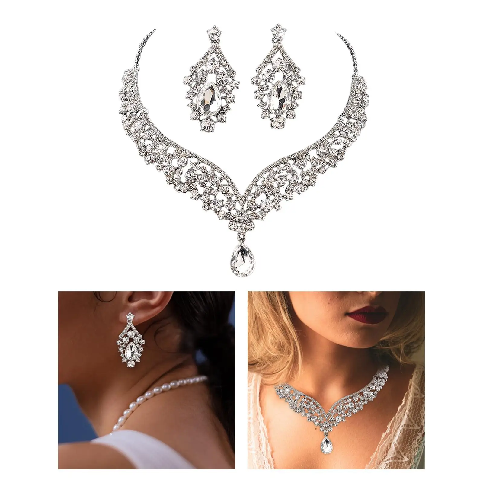 Fashion Bridal Jewelry Set Rhinestone Necklace Earrings for Wedding Girls