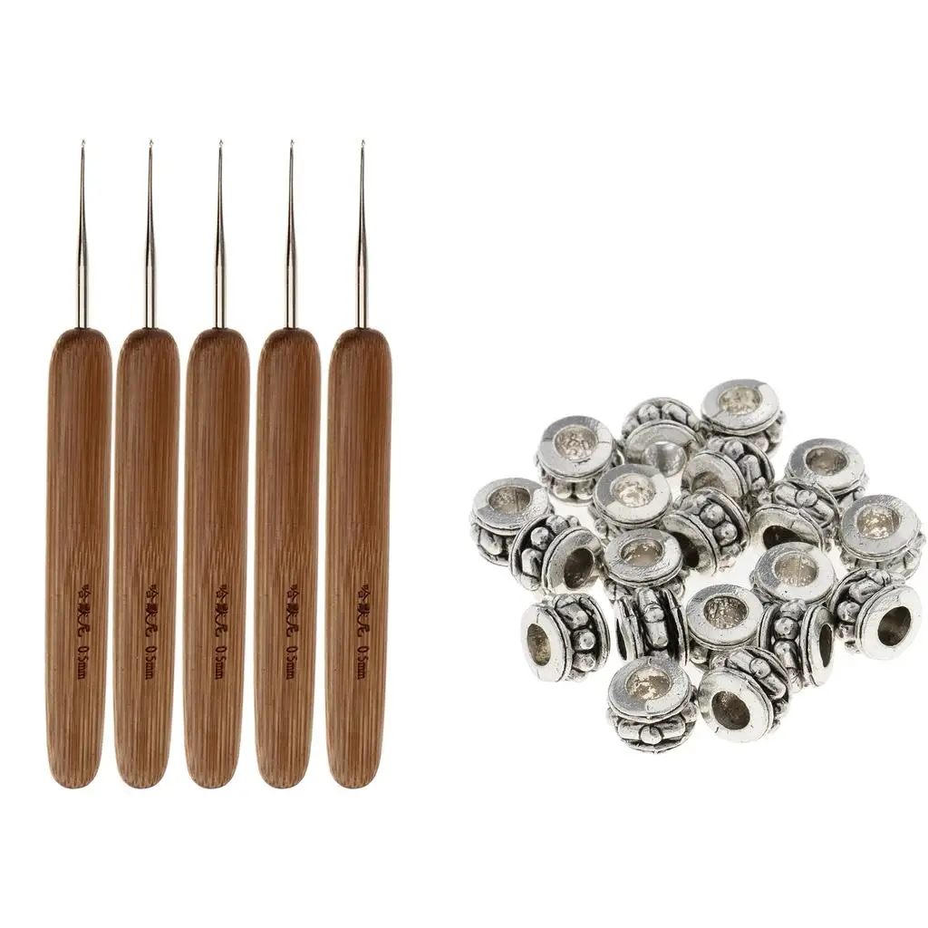 5Pcs Bamboo Hair Weaving Crochet  Hooks  Tool Set 0.5 Lot 20pcs  Beads Braiding Clips Jewelry Decor