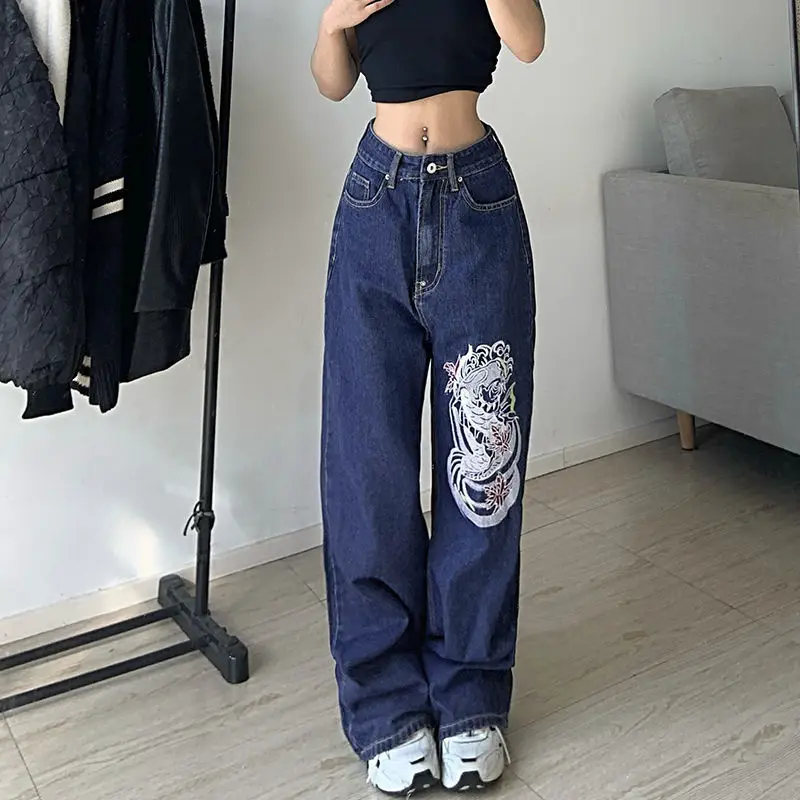 ripped jeans Dragon Print Straight Woman Jeans High Street Vintage Streetwear Hip Hop Harajuku High Waisted Jeans Loose Mom Jeans Pants topshop jeans