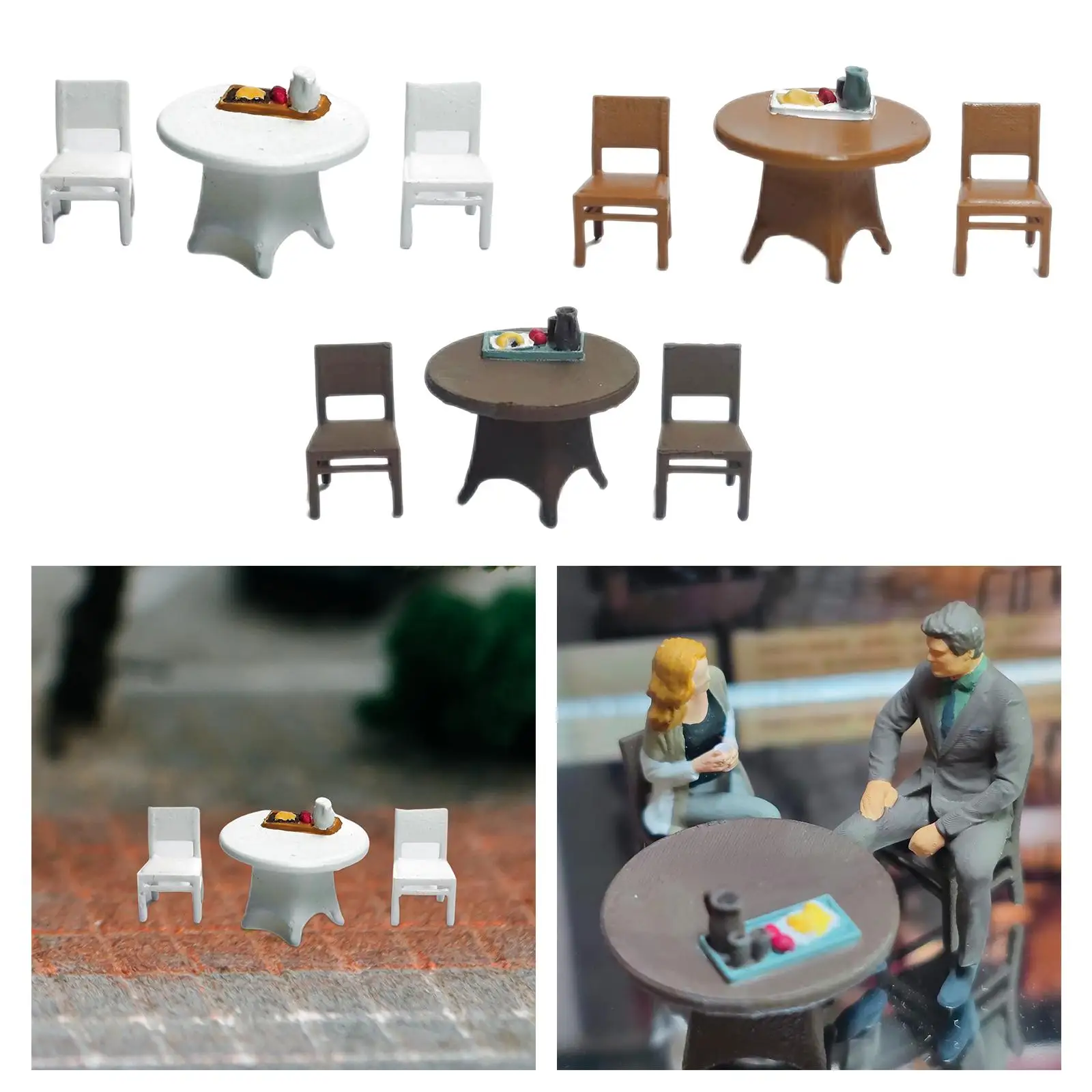 3Pcs Hand Painted 1/64 Table and Chair Model with Food Tray Miniature Scenes Decor