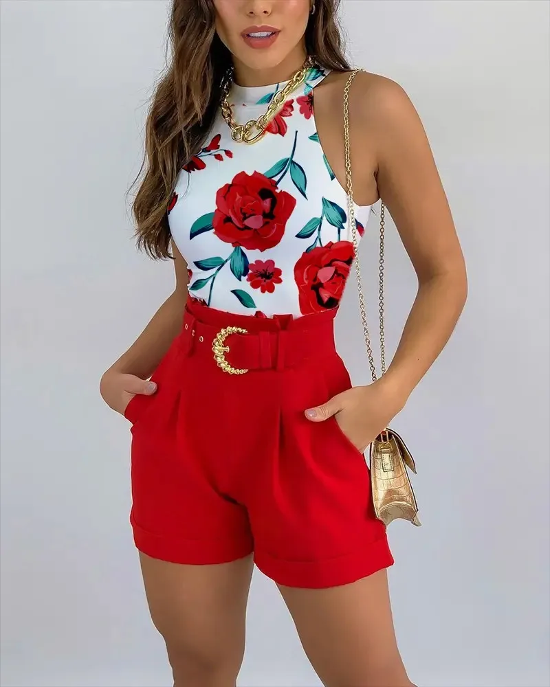 hirigin Summer Round Neck Sexy Tank Top and Tropical Print Shorts Set With Belt Two Piece Suit Sleeveless Tops Party Wear Sets