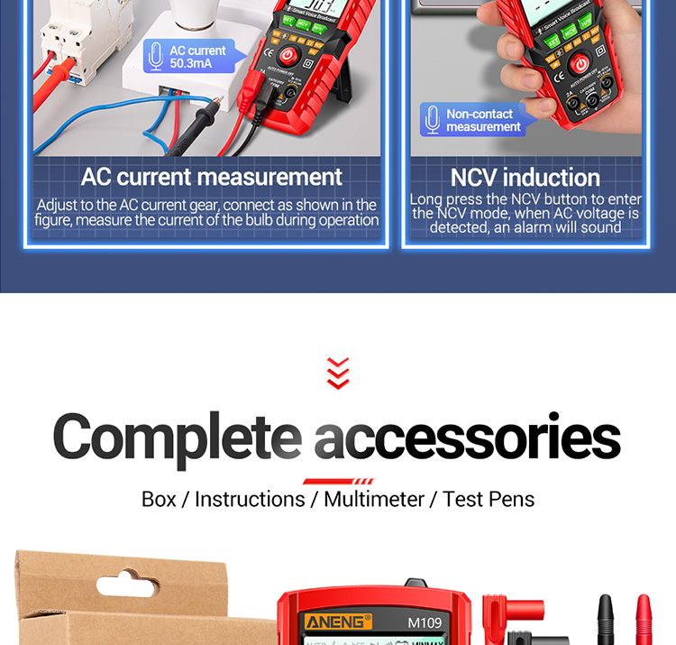 ANENG M109 Smart Multimeter Tester AC/DC Voltage Voice Broadcast Meter NCV Capacitance Continuity Professional Electrical Tools