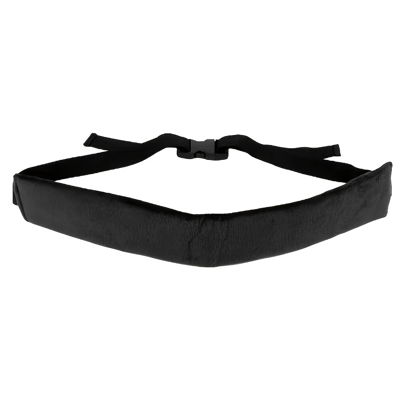 A black adjustable lumbar support belt with a padded cushion and a plastic buckle is designed to provide back support and comfort, similar to the High Chair Security Straps or Universal Baby Safety Strap for infants and toddlers. The belt is laid flat, showcasing its full length for easy inspection.