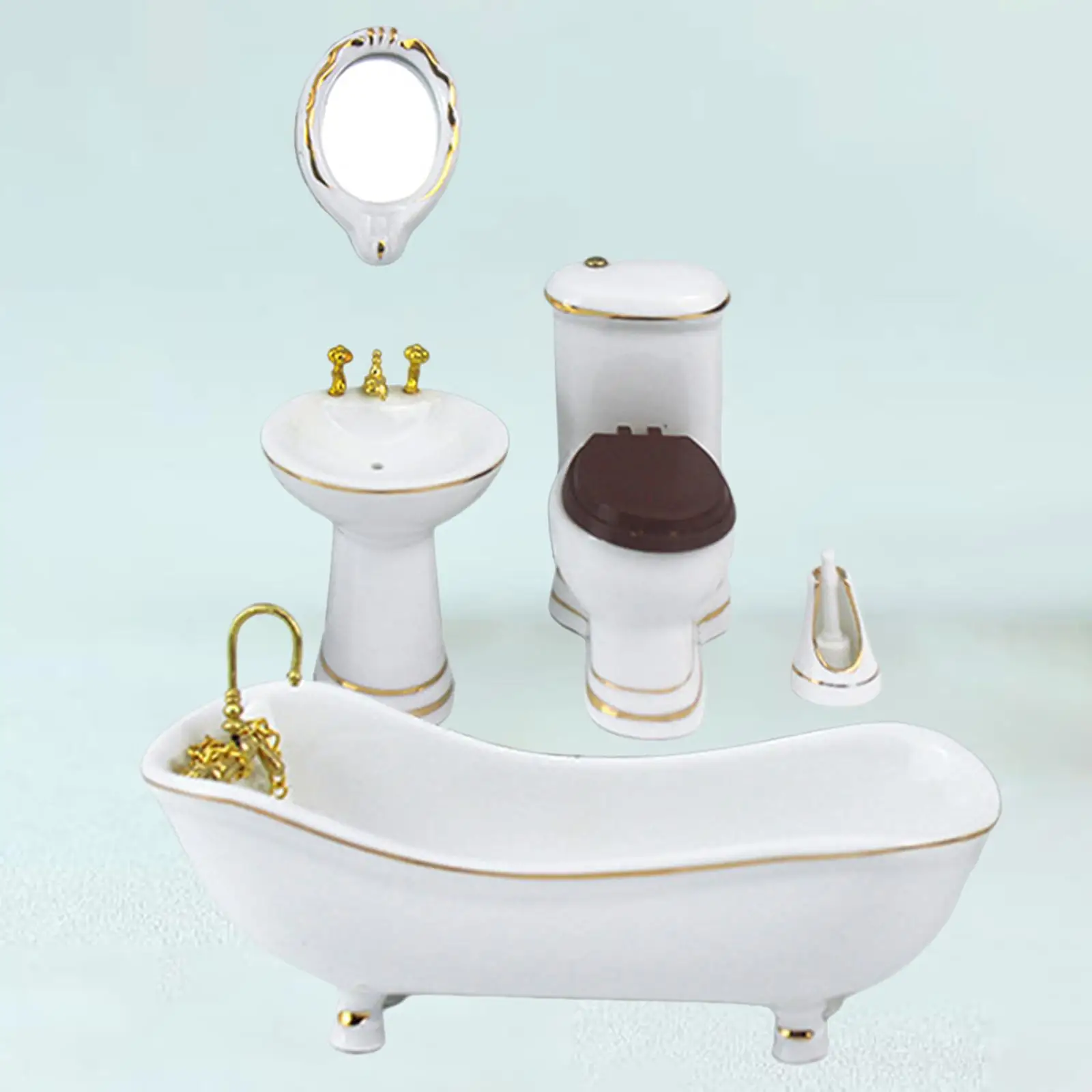 5x Bathtub Toilet Brush Wash Basin Mirror Dollhouse Bathroom Set Scenery Supplies