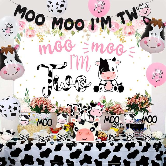  Moo Moo I'm Two Birthday Decoration Cow Theme 2nd Birthday  Banner Cow Two Cake Topper Kids Boy Girl's Happy Second Birthday Party  Supplies Glitter Pink Decor : Toys & Games