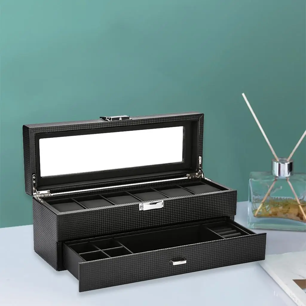 , 6 Slots Wooden Case Organizer with Jewelry Drawer for Storage And Display