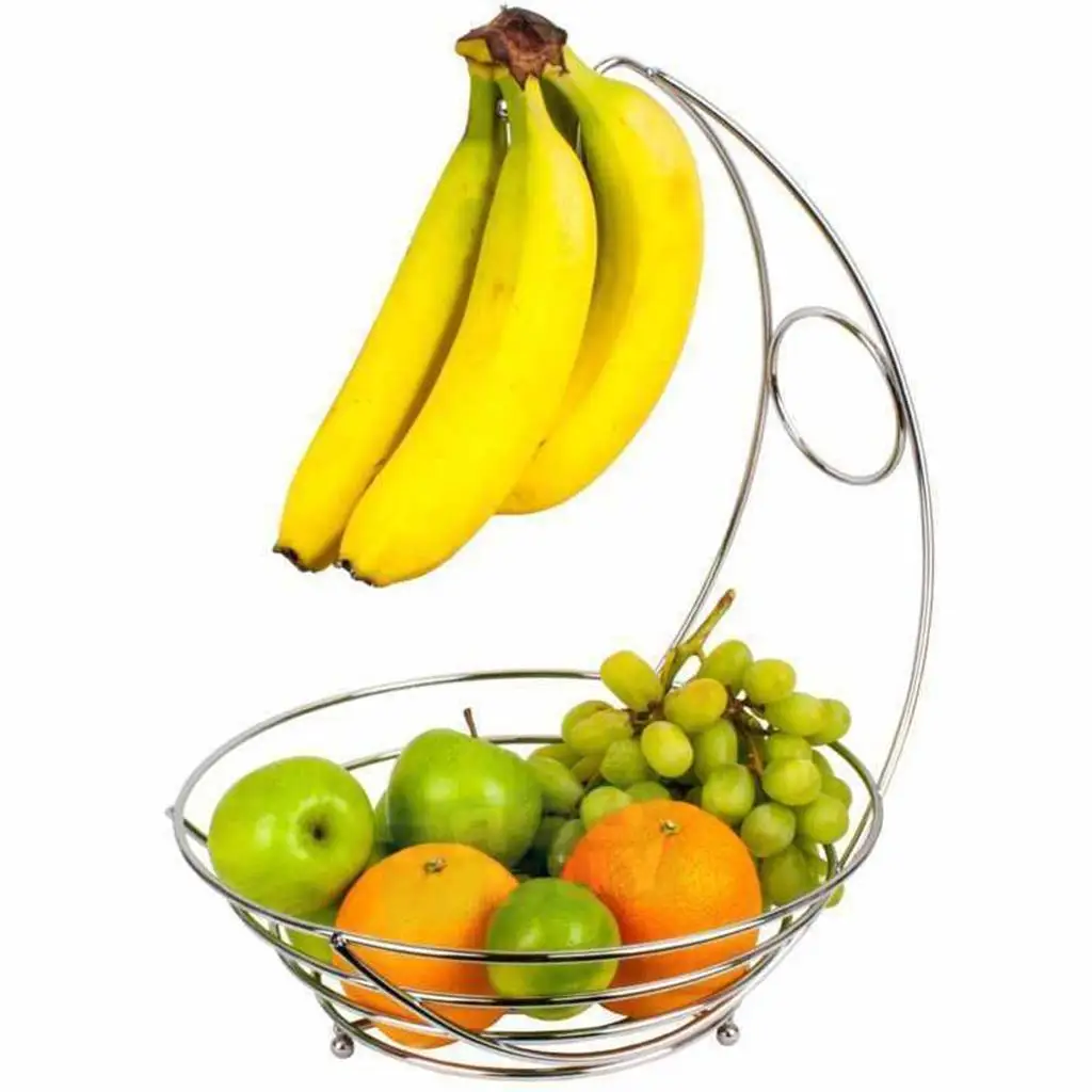 2 In 1 Chrome Banana Hanger Fruit Bowl Tree Holder Basket Stand Hook kitchen