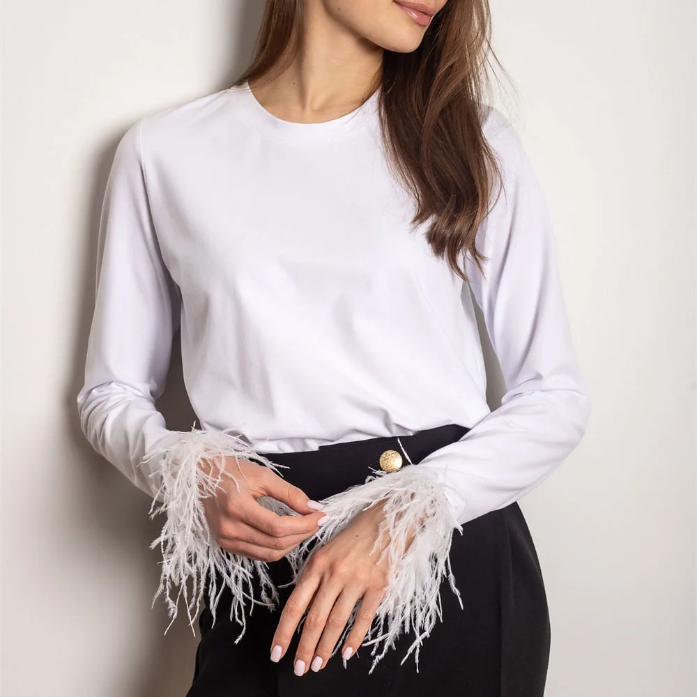 New Womens Spring Autumn Casual Tops Solid Color Long Sleeve Feather Patchwork Blouse Soft And Comfortable Daily Wear S M L