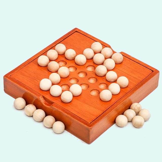 Wooden Marble Solitaire Board Game,Jumping Marbles Peg Solitaire,with  Storage Box Function and Marbles，Solitaire Chess for Adults and  Children，Family